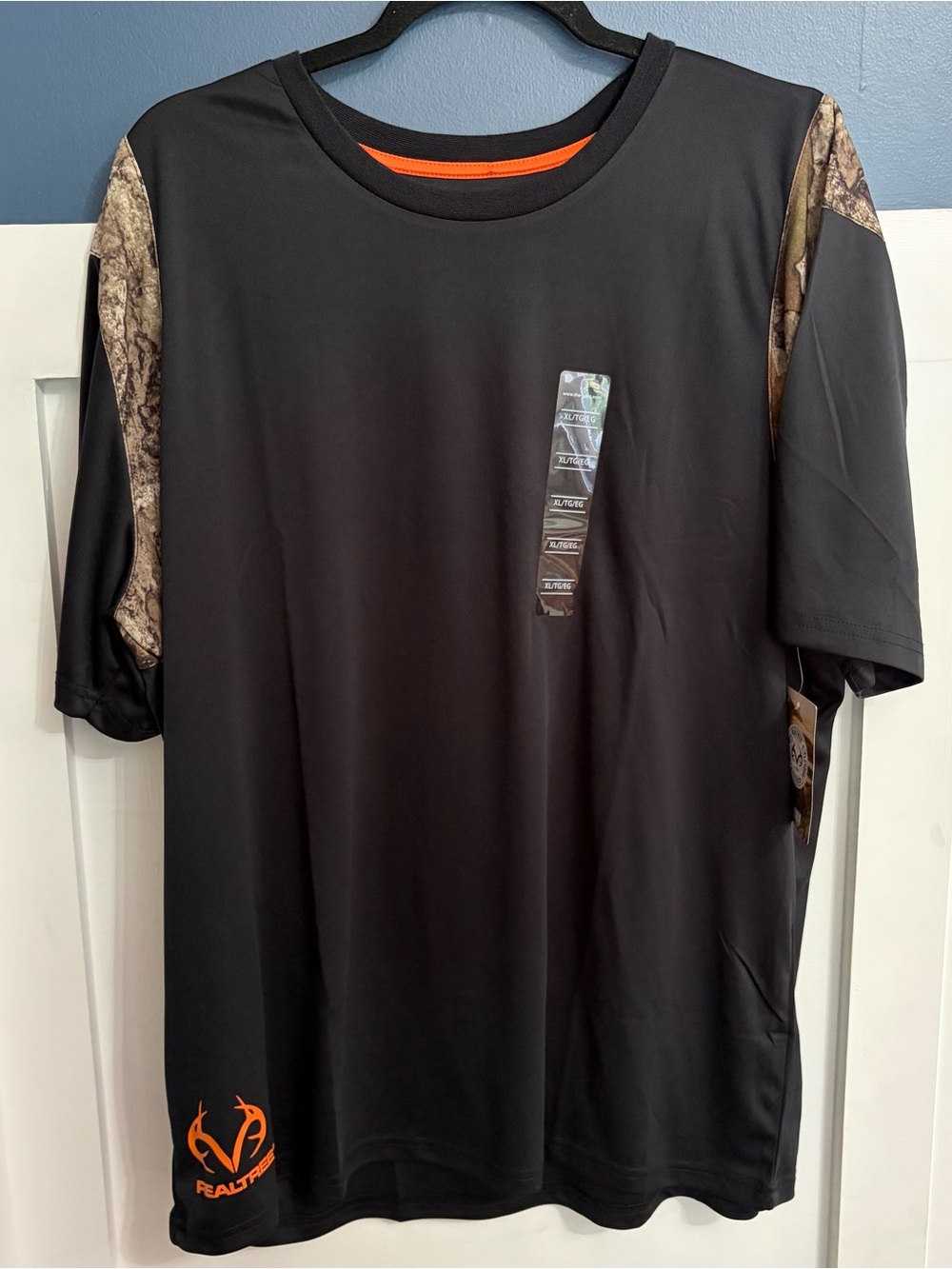 Realtree Black Short-Sleeve Performance Tee with Camo Sleeves and Orange Accents